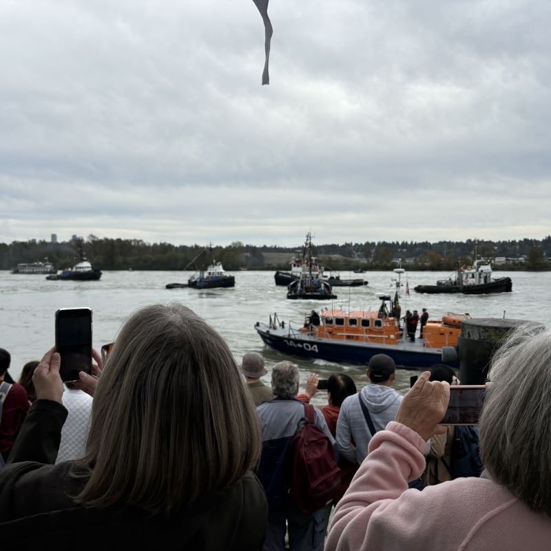 A crowd looks on a takes photos as multiple tugs and other working boats cavort on the Fraser River. 